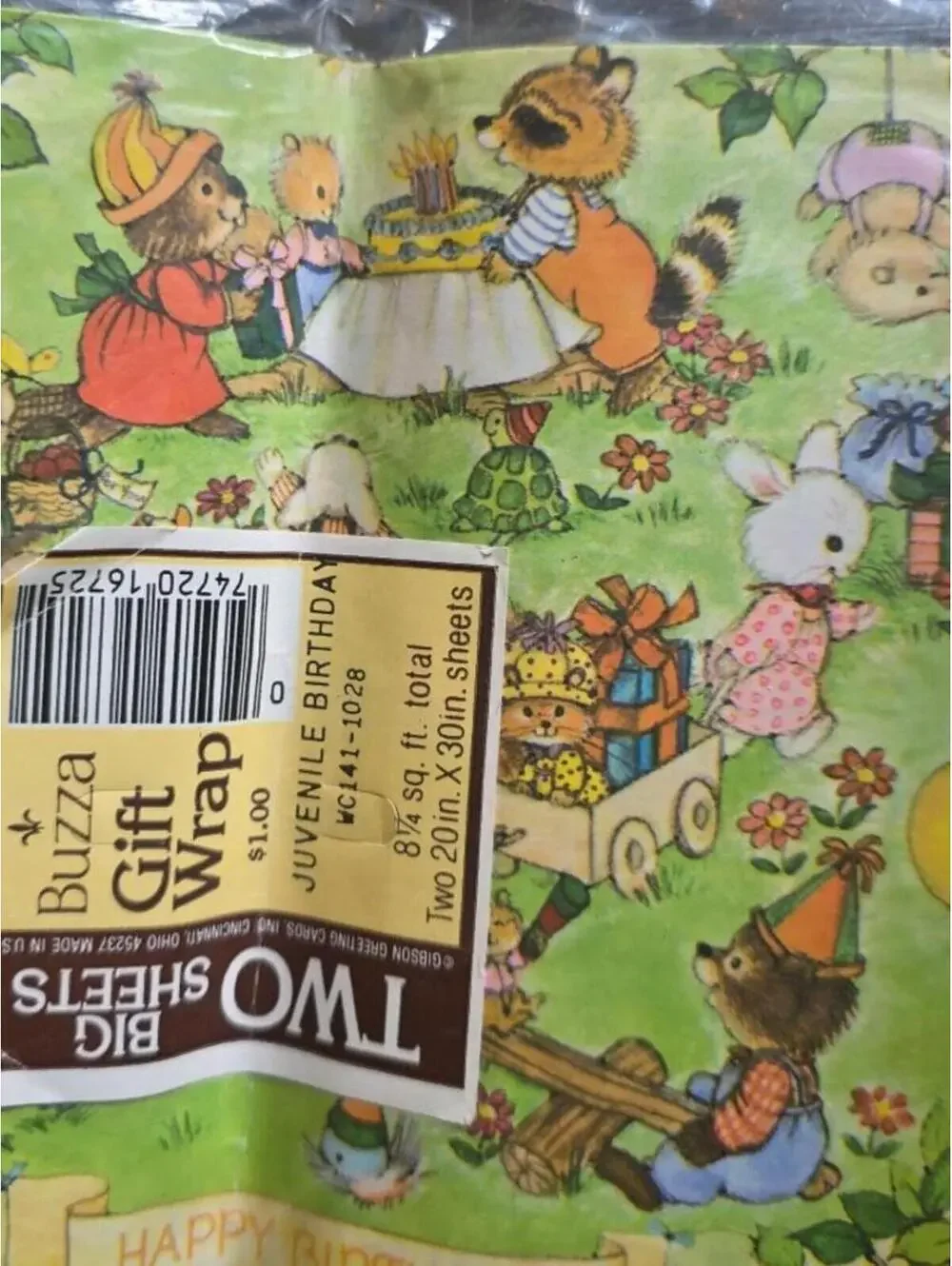 Vintage Buzza Juvenile Birthday Gift Wrap Two Big Sheets 20x30in Animals Green